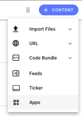 Menu options including Import Files, URL, Code Bundle, Feeds, Ticker, and Apps.